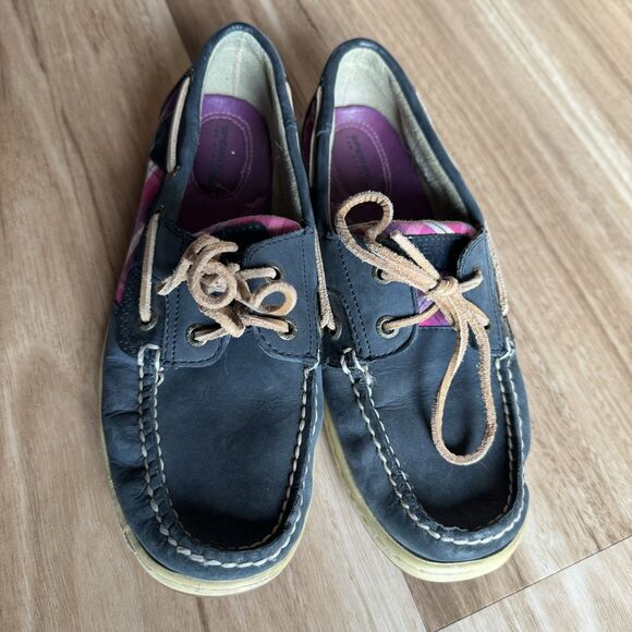 Sperry Boat Shoes Loafers Navy Leather Plaid Lace-Up Women sz 8.5 Preppy Casual - Picture 2 of 9